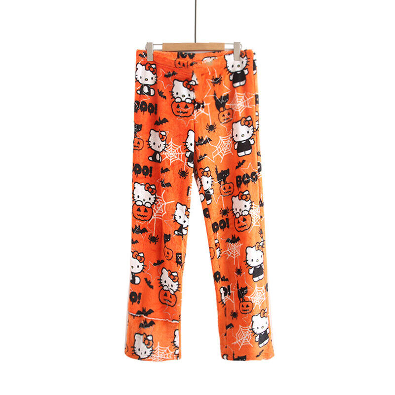 HelloKitty Halloween Pumpkin Pajamas Pants Women Autumn Winter Warm Flannel Slee