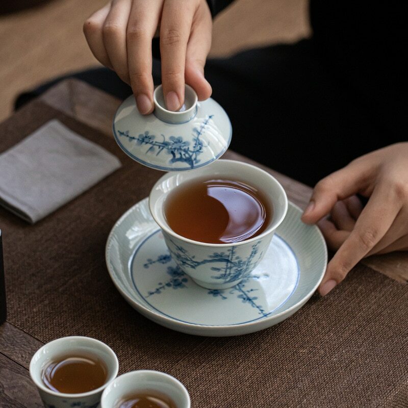 160ml Hand Painted Tureen Blue White Porcelain Gaiwan Cup Bowl Kung Fu Tea Set