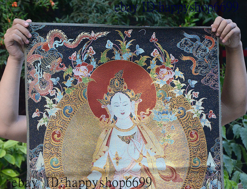 36" Tibet Buddhism Silk Cloth White Tara 7 eyes Thangka Painting Mural 11
