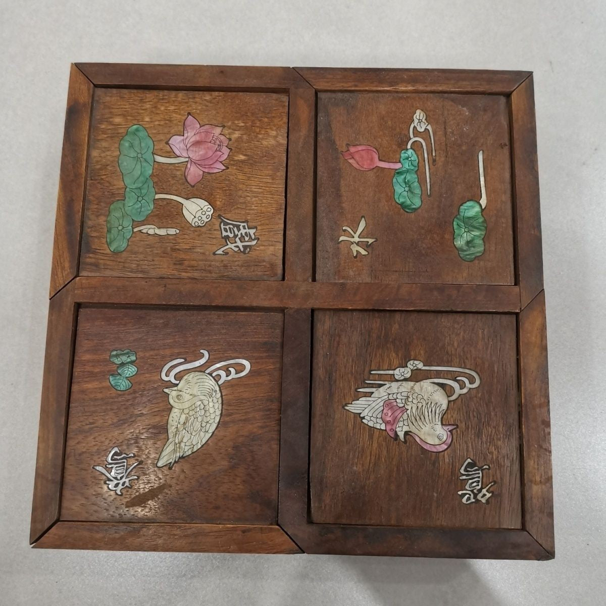 Vintage Rosewood 4-Compartment Treasure Box Shell Inlay Lotus Mandarin Duck 19cm