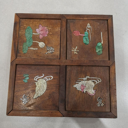 Vintage Rosewood 4-Compartment Treasure Box Shell Inlay Lotus Mandarin Duck 19cm