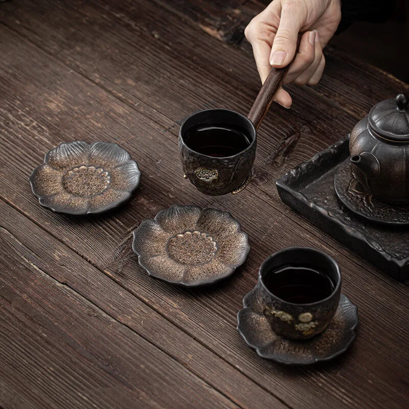 Lotus Incense Coaster Gilding Iron Glaze Vintage Ceramic Teacup Mat Cup Saucer