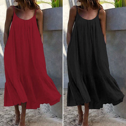 Womens Summer Sleeveless Loose Dress Beach Slip Sundress Swing Baggy Solid Color