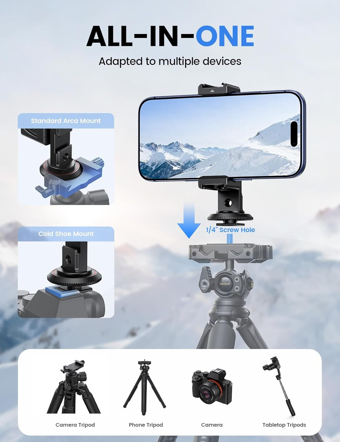 Aluminum Phone Tripod Mount with 3 Cold Shoes & Arca Port & 1/4" Thread, 360° Ca