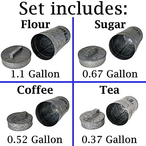 4 Set Galvanized Metal Kitchen Storage Canisters w\ Lids-Labeled w\ diff labels