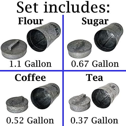 4 Set Galvanized Metal Kitchen Storage Canisters w\ Lids-Labeled w\ diff labels