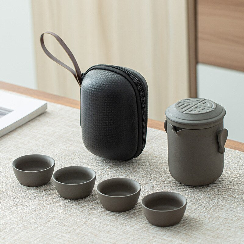 Kung Fu Tea Set Purple Clay One Pot Four Cups Portable Outdoor Travel Tea Set
