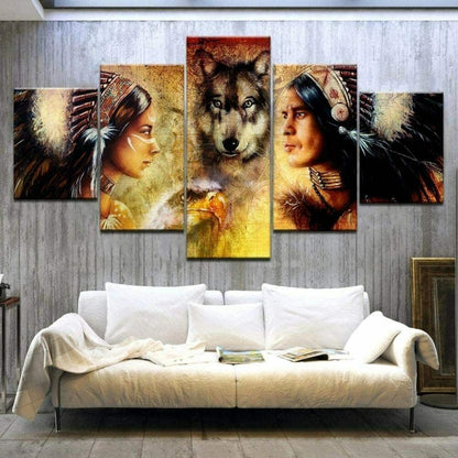 Native American and Wolf 5 Piece canvas Wall Art Print Poster Home Decor