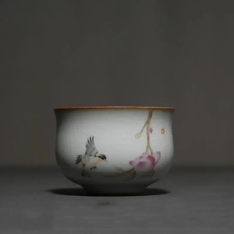 Ru Kiln Ceramic Teacup Travel Portable Hand Painted Flower Tea Bowl Handmade