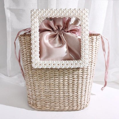 Pearl Straw Bag Fashionable Shoulder Bag Seaside Vacation Handbag Polyester 1 PC