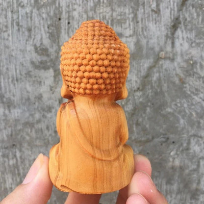 Buddha Statue Desktop Ornament Cliff Cypress Wood Carving Figurine Crafts
