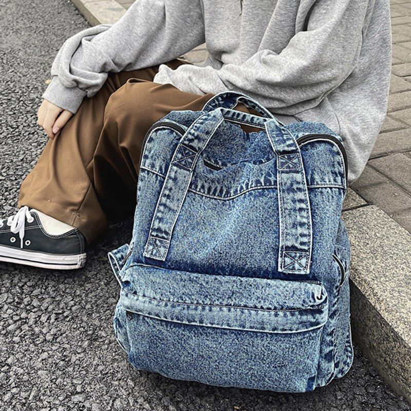 Women Backpack Large Capacity Daypack Denim Rucksack School Bag Retro 33*13*37CM