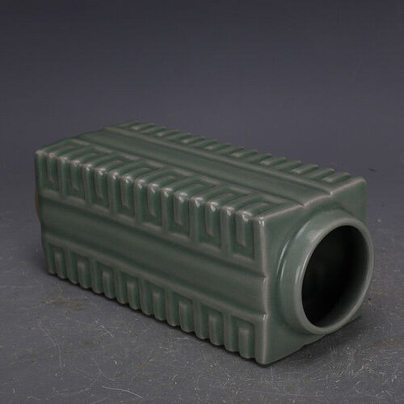 Chinese Song Longquan Kiln Celadon Glaze Porcelain Square Shape Vase Decor 9.37"