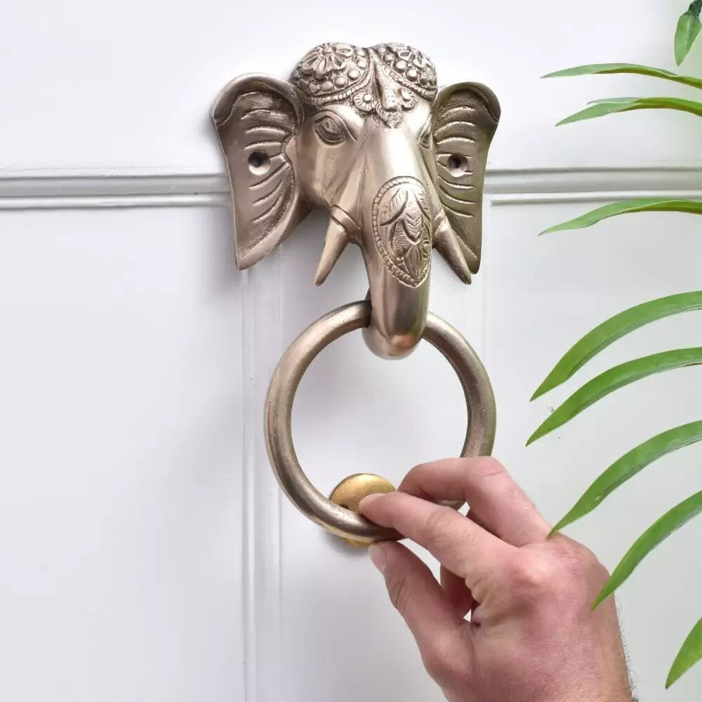 Antique Look Brass Elephant Head Door Knocker Bell Home Decor