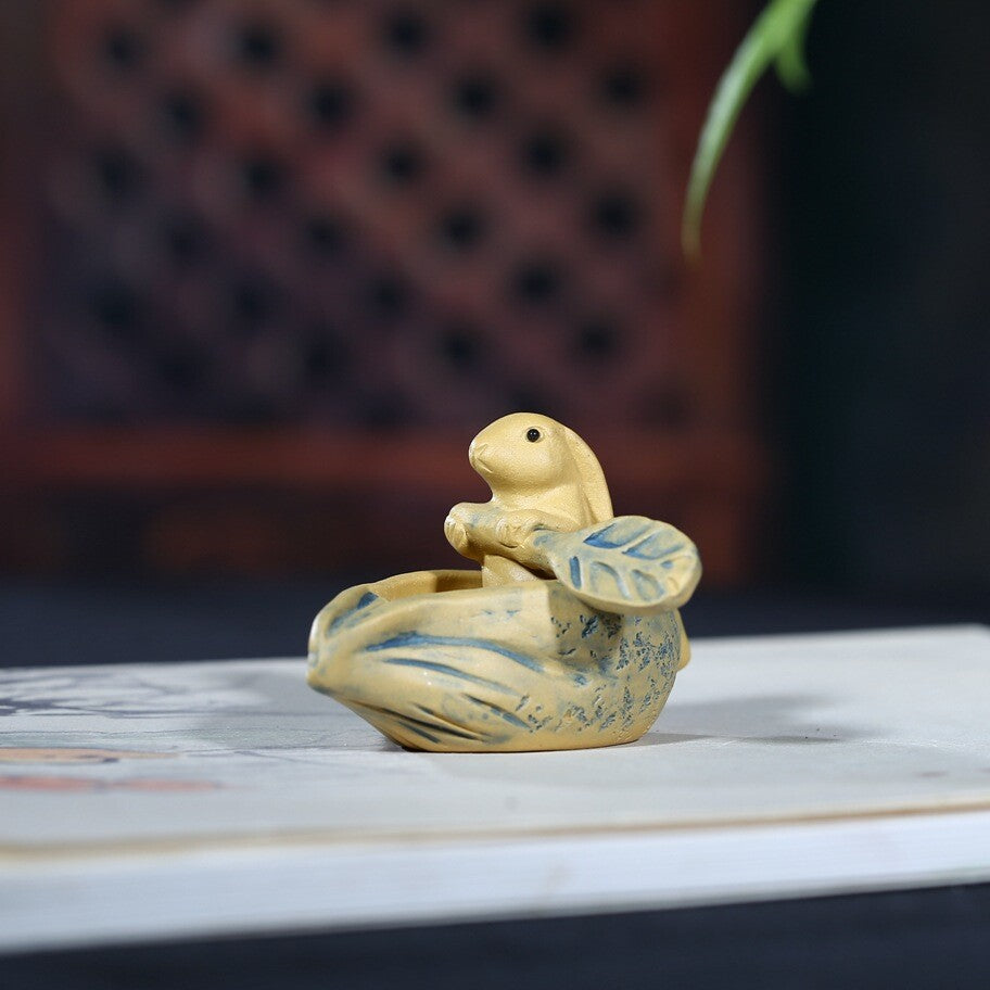 Handmade Craft Artware Zisha Tea Pet Rabbit On Boat Small Size Table Decoration