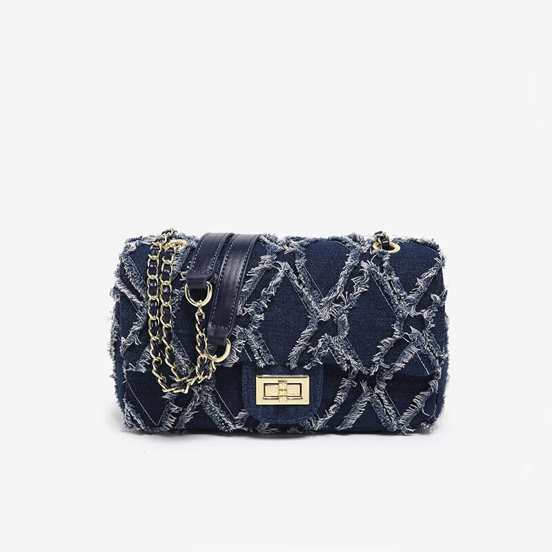 Denim Fringe Small Flap Bag Shoulder Purse Handbag w/ Chains Fashion Clutch