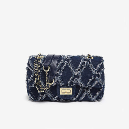 Denim Fringe Small Flap Bag Shoulder Purse Handbag w/ Chains Fashion Clutch
