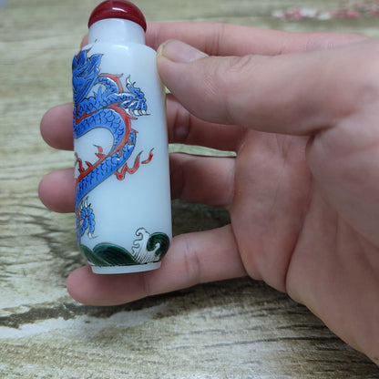 Chinese Peking Glass Snuff Bottle Carved Dragon Statue Awesome Painted Blue Art