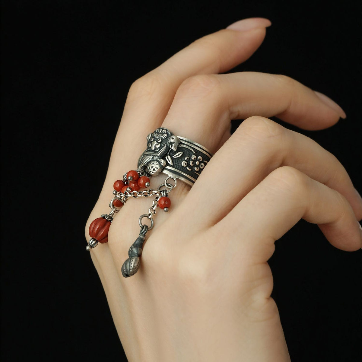 Handmade Lion Dance Ring Red Bead Gourd Chinese Style Niche Design Ethnic Ring
