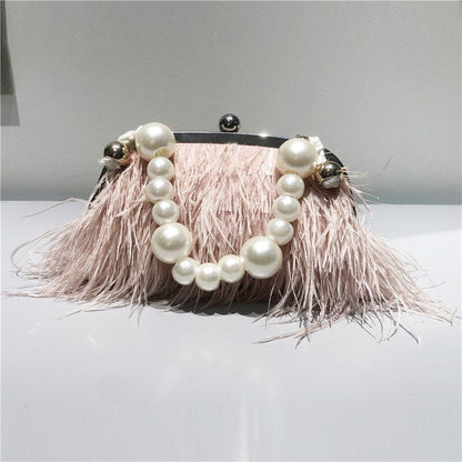 Small Feather Handbag Party Purse Elegant White Pearl Chain Shoulder Bag 22*20*4