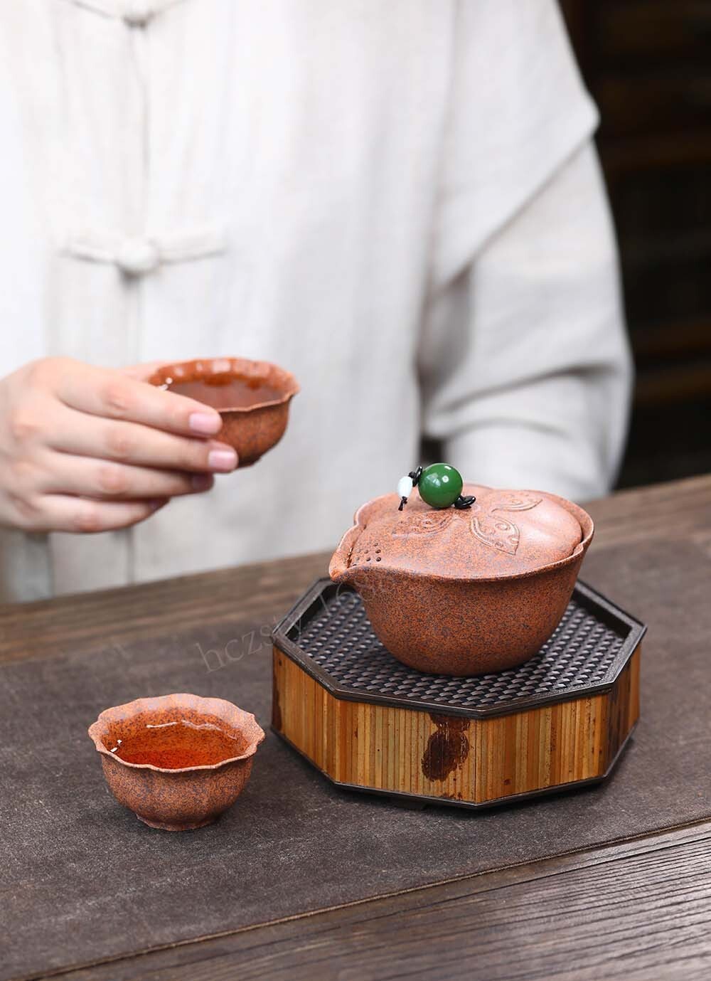 3pcs of set chinese Yixing Handmade Zisha firewood GaiWan tea cup Gongfu tureen
