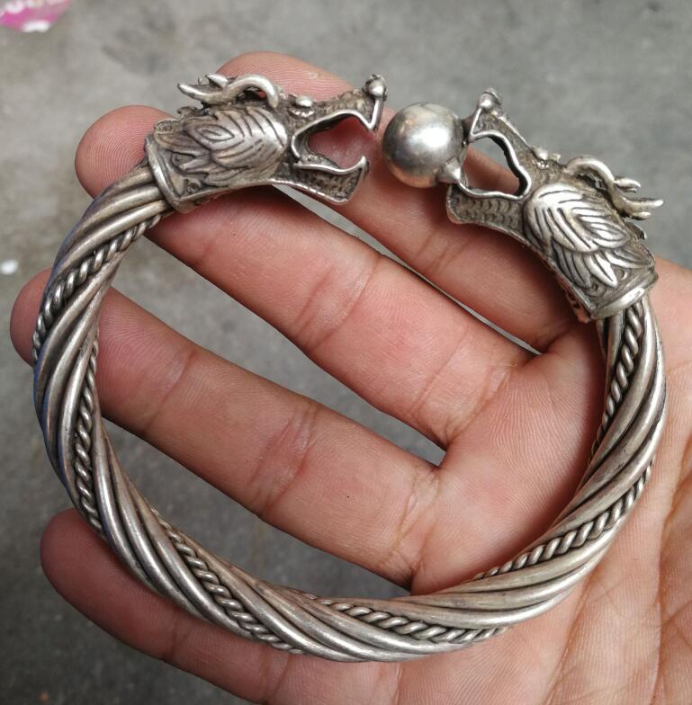 China Tibetan Silver Engraving Double-headed Dragon Silver Bracelet