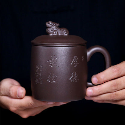 Authentic Yixing Zisha Tea Cup with Infuser Cup Lid Handle Holder Handmade Carve
