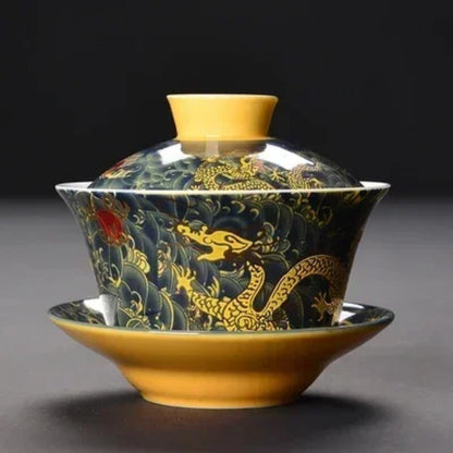 Longjing Sancai Tea Cup Retro Chinese Style Covered Bowl Large Dragon 200ml