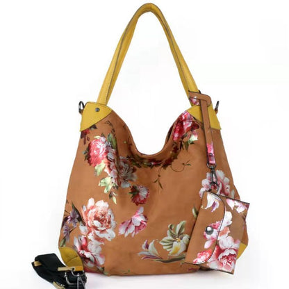Real Leather Canvas Fashion Bags Flower Printing Leisure Stylish Handbags Purses