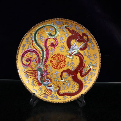 Old Chinese powder color porcelain Dragon phoenix pattern plate yellow Qianlong
