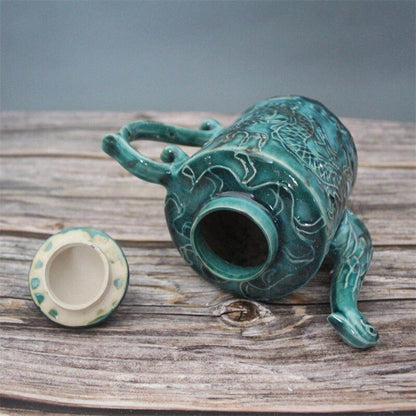 17cm Chinese Antique Song Porcelain Green Glaze Dragon Phoenix Pattern Teapot