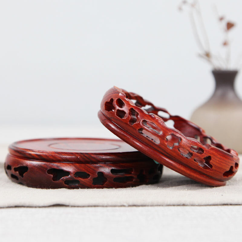 Round Annatto Display Stand Wood Carving Hollow Pedestal Flower Pot Base Crafts