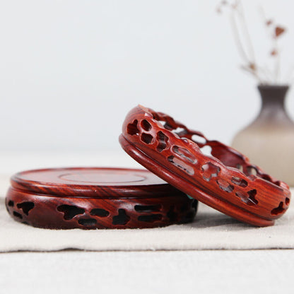 Round Annatto Display Stand Wood Carving Hollow Pedestal Flower Pot Base Crafts