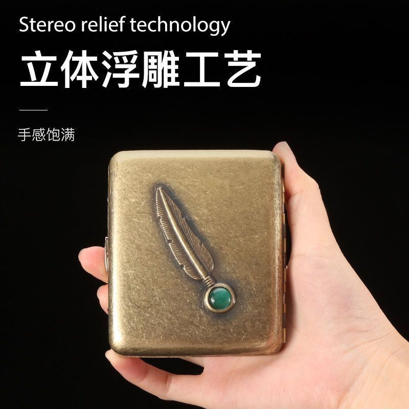 Vintage Brass Embossed Cigarette Case 20ct with Jade Inlay Portable Gift Box