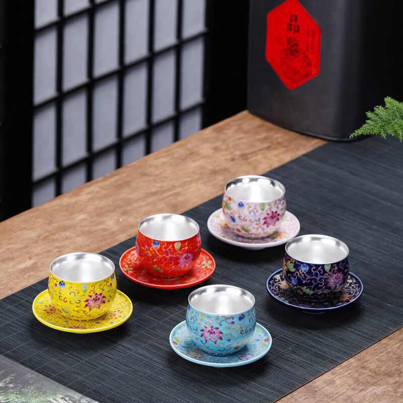 Color Enamel Craft Porcelain Pure Silver Tea Cup With Saucer On Sales 80ml New