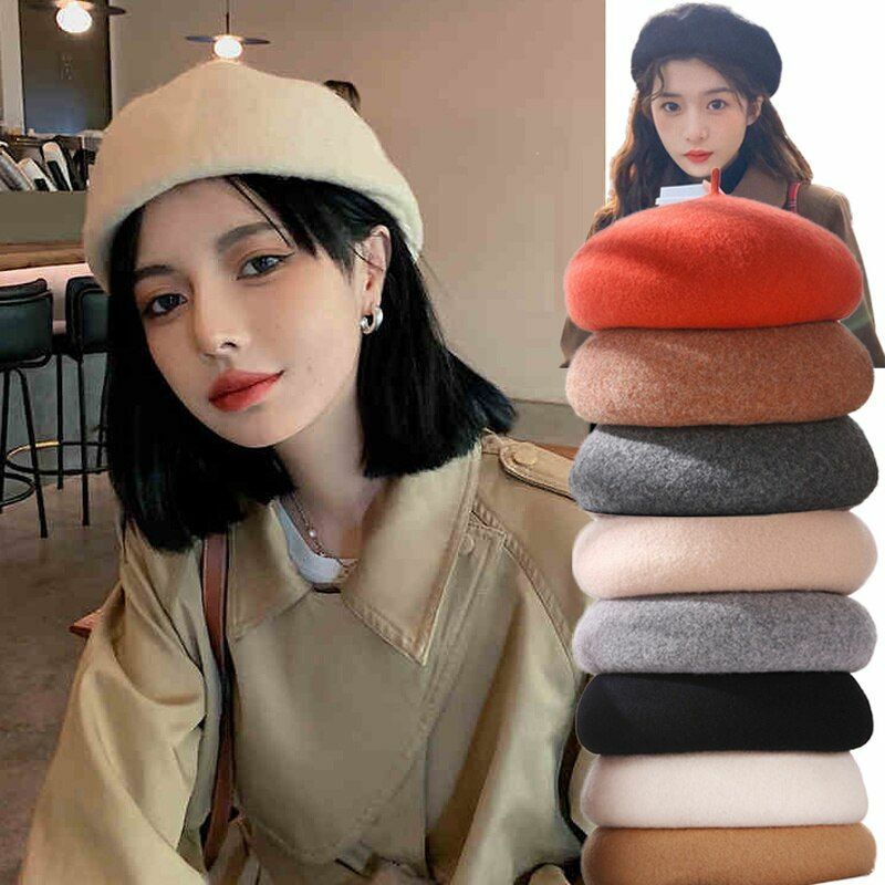 Beret Cap Winter Warm Wool Hat Fashion Elegant French Style Plain Beret Hiking