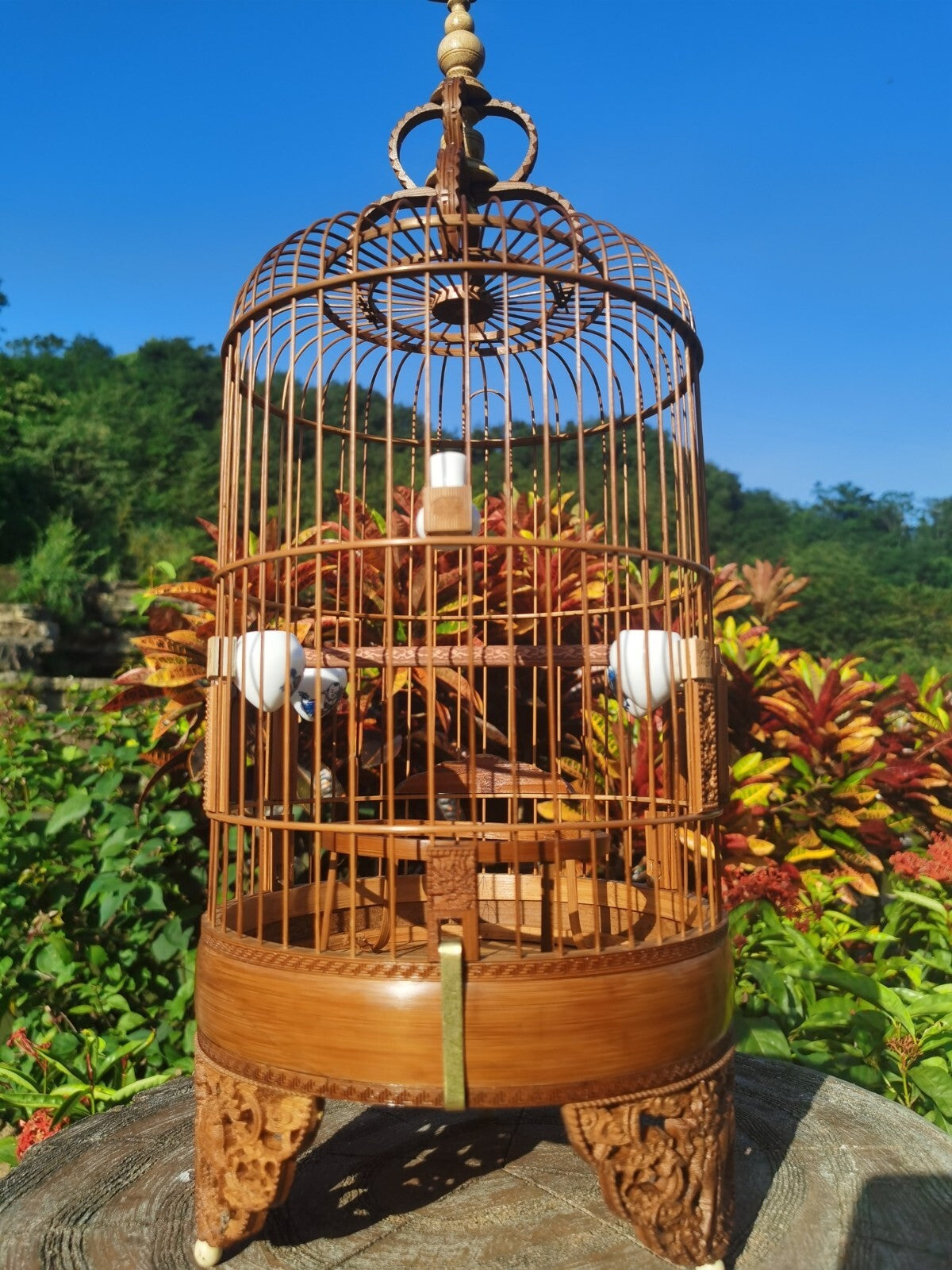 Chinese Carving Oriental Round Shape Bamboo Wood Birdcage Display 22cm