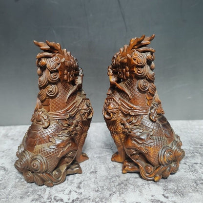Pair Chinese boxwood kirin statue Figure good stand collection Art tea pet