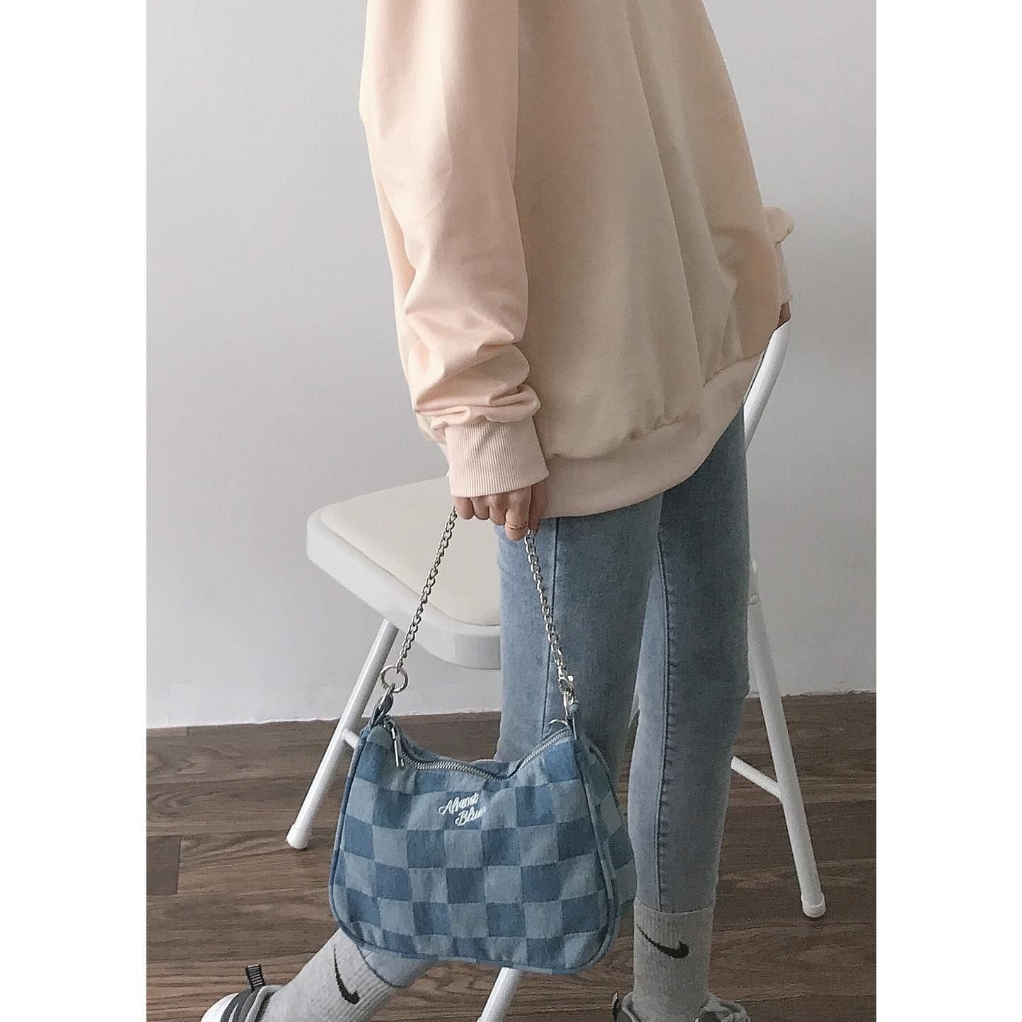 Blue Vintage Japanese Style Chains Women Shoulder Bag Soft Top Handle Purse 1 PC