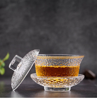 3.66" Glass Gaiwan Kung Fu Tea Set Heat-resistant Hammer-patterned Tea Bowl Gift