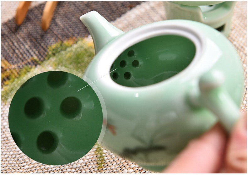 Longquan Celadon Tea Pot Handpainted Floral Ceramic Pot 7 Infuser Holes 220ml