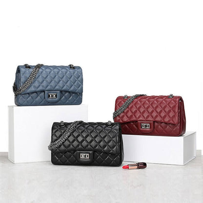Quilted Sheepskin Leather Double Flap Small Shoulder Bag w/ Chains Handbag Purse