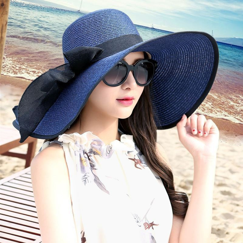 Outdoor Seaside Woman Fashion Big Bow Large Brimmed Cap Foldable Straw Hat