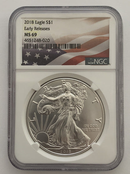 2018 American Silver Eagle ASE Coin 1oz FINE Silver NGC Holder MS69 ER GEM Money