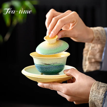 150ml Kiln Change Green Hill Ceramic Gaiwan Tea Set Tea Bowl Saucer Tea Tureen