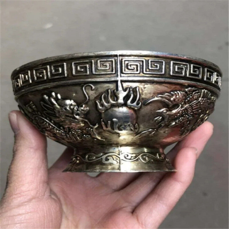 Tibet Dragon Phoenix Antique Copper Bowl Tea Bowl White Copper Carving