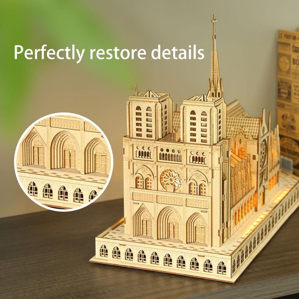 Wooden Puzzle Notre Dame de Paris Model with Led Light 266 Pieces Gift for Kids