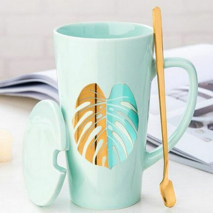 500ml Couple Cup 15x8.5cm Ceramic Coffee Mugs With Spoon & Cover Drinkware Gifts