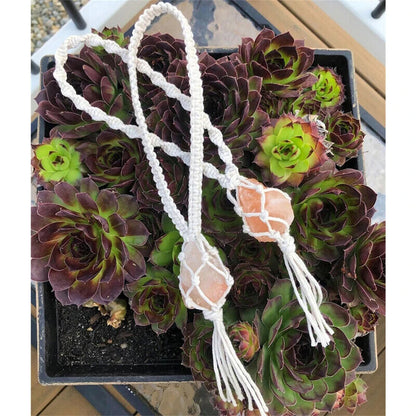 Macrame Wall Hanging Himalayan Salt Rock Raw Rose Quartz Stone Car Home Ornament