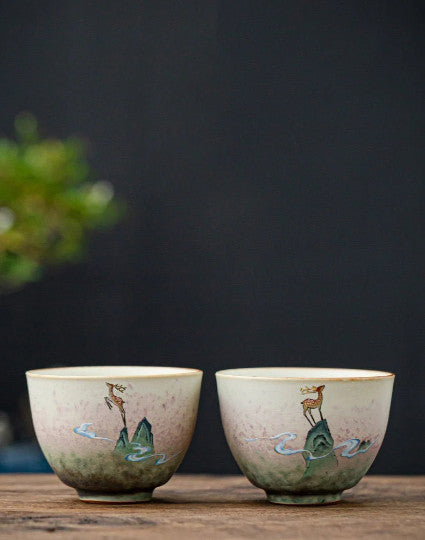 Ceramic Teacup deer Set of 2 Cups Chinese Kung Fu Tea Cup for Tea